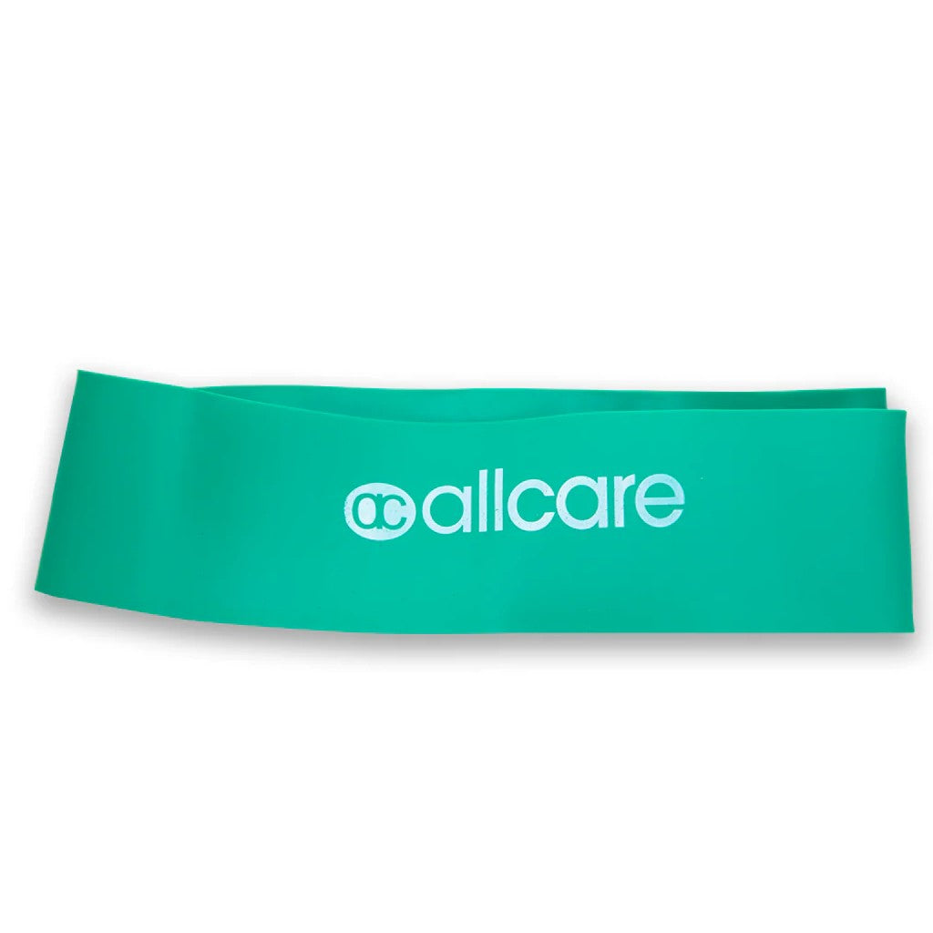 Allcare Band, firm strength, green. Progressive resistant exercise band. Helps strengthen and rehabilitate muscles