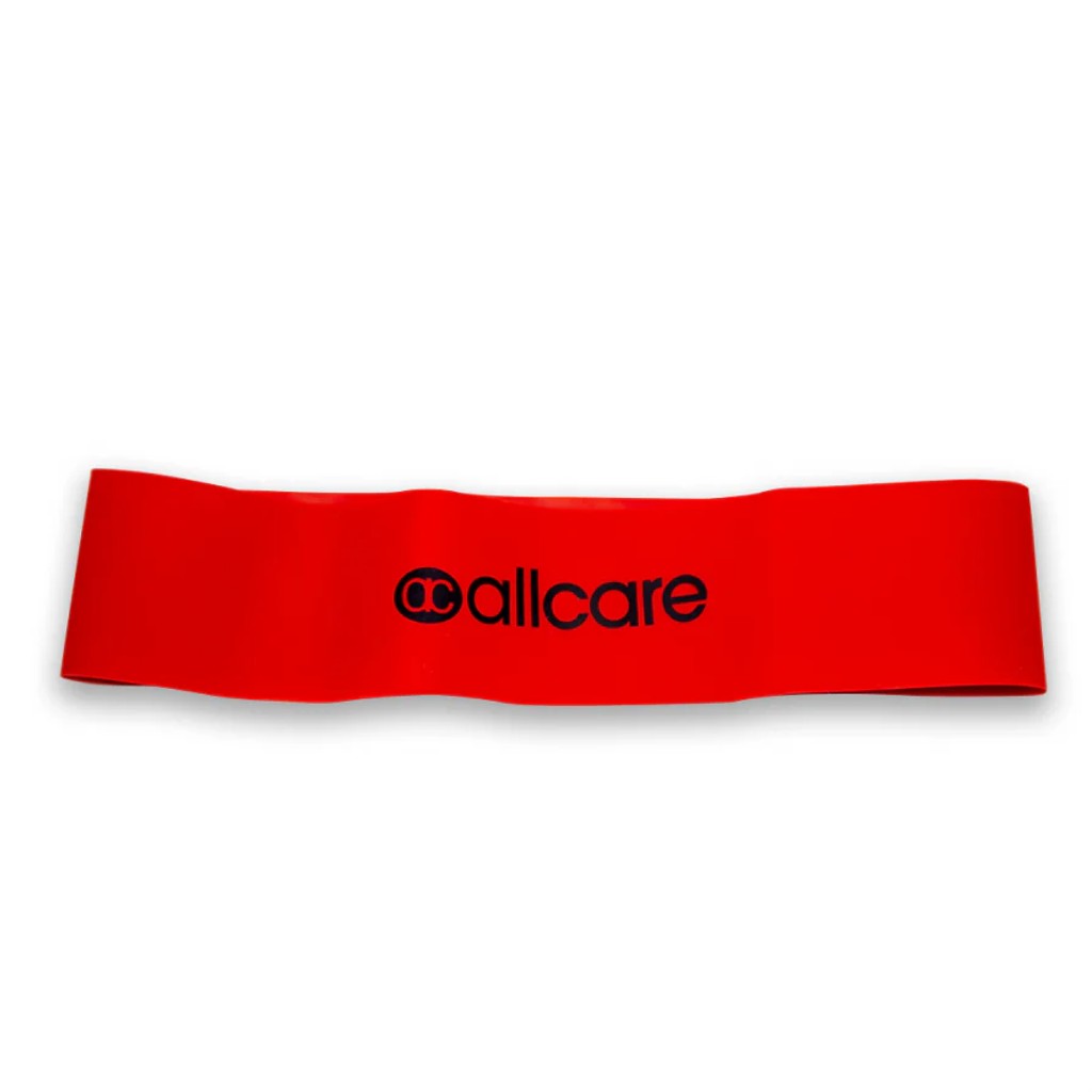 Allcare Band, medium strength red. Progressive resistant exercise band. Helps strengthen and rehabilitate muscles