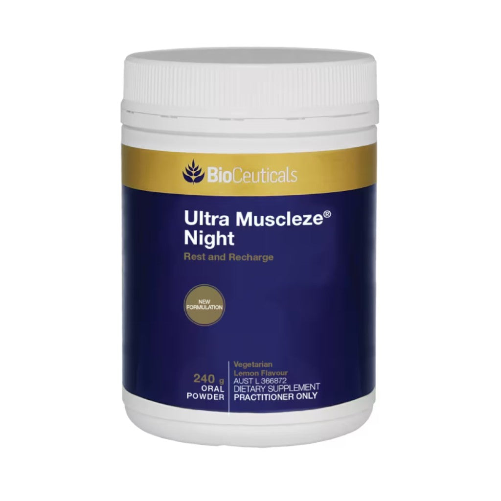 BioCeuticals Ultra Muscleze Night 240g. Rest and recharge with this lemon flavoured bioavailable magnesium formulated to relieve sleeplessness and restlessness.