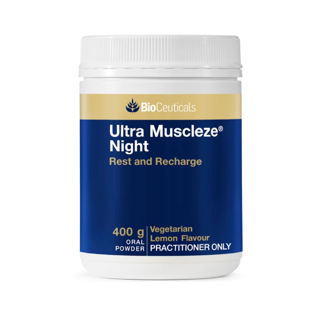 BioCeuticals Ultra Muscleze Night 400g. Rest and recharge with this lemon flavoured bioavailable magnesium formulated to relieve sleeplessness and restlessness.