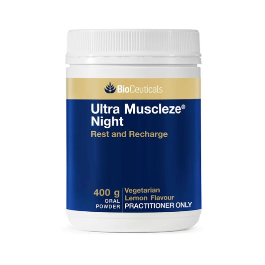 BioCeuticals Ultra Muscleze Night 400g. Rest and recharge with this lemon flavoured bioavailable magnesium formulated to relieve sleeplessness and restlessness.