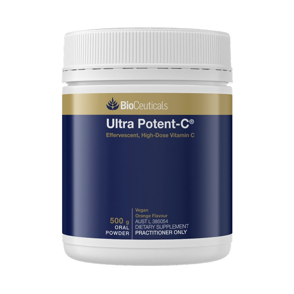 BioCeuticals Ultra Poitent-C 500g. Orange flavoured, high dose vitamin C provides antioxidant and immune system support and relieves tiredness.