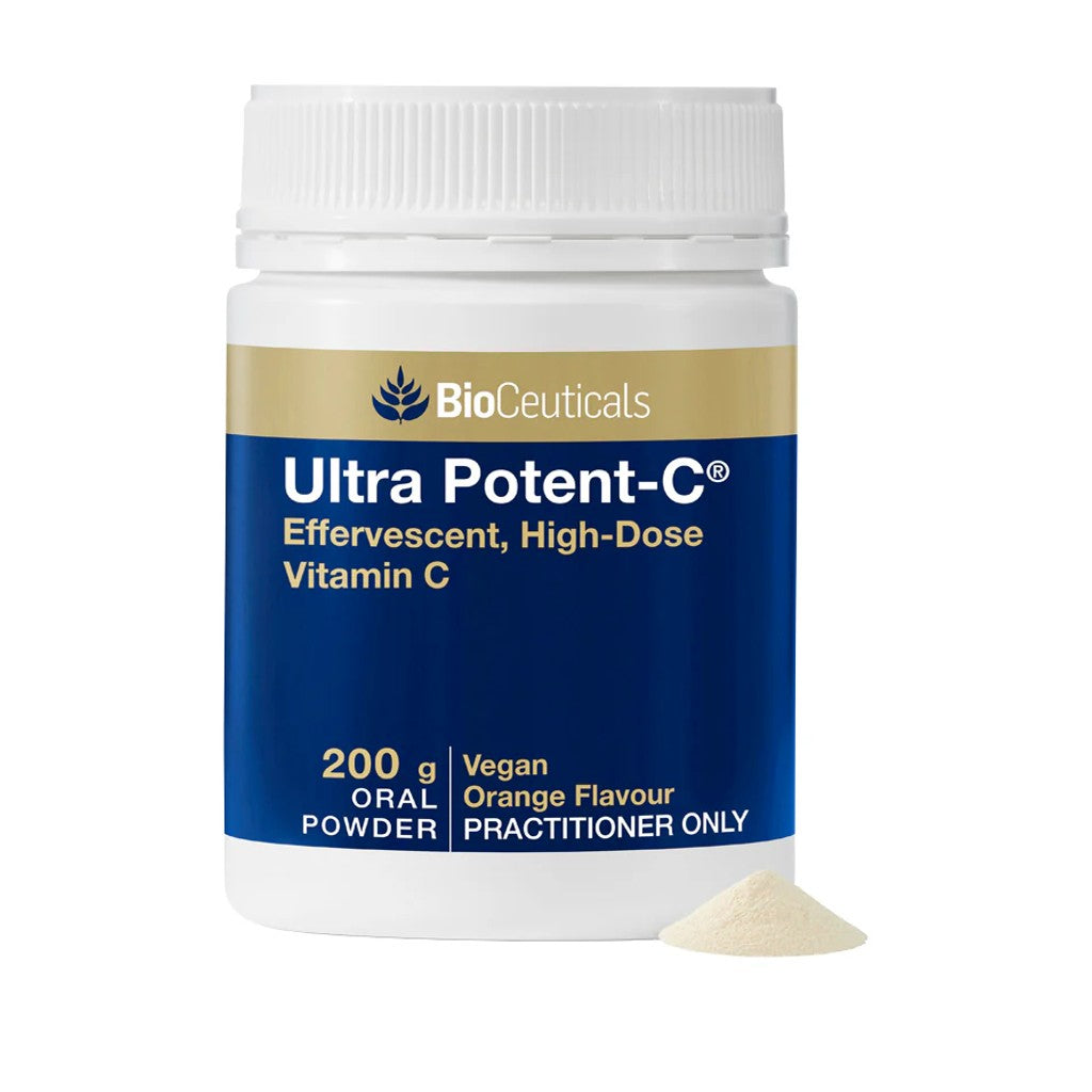 BioCeuticals Ultra Poitent-C 200g. Orange flavoured, high dose vitamin C provides antioxidant and immune system support and relieves tiredness.