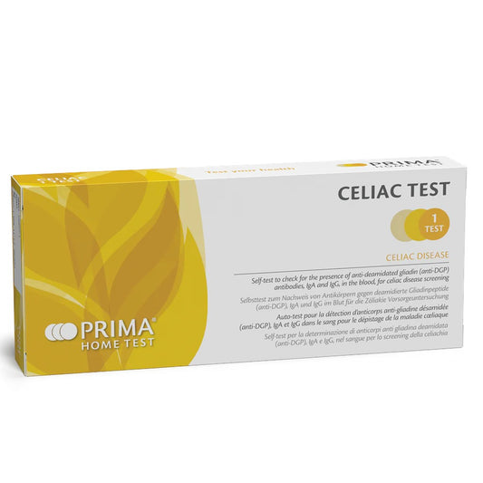 PRIMA Celiac Home Test Kit. Quick and efficient way to instantly measure your anti DGP antibodies, IgA and IgG levels with a pin prick test. 